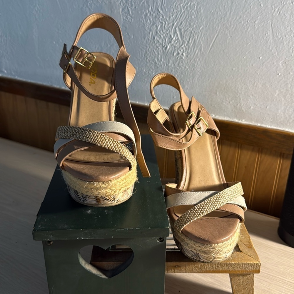 Soda Wicker Basket Weave Platform Wedge Strappy Sandals